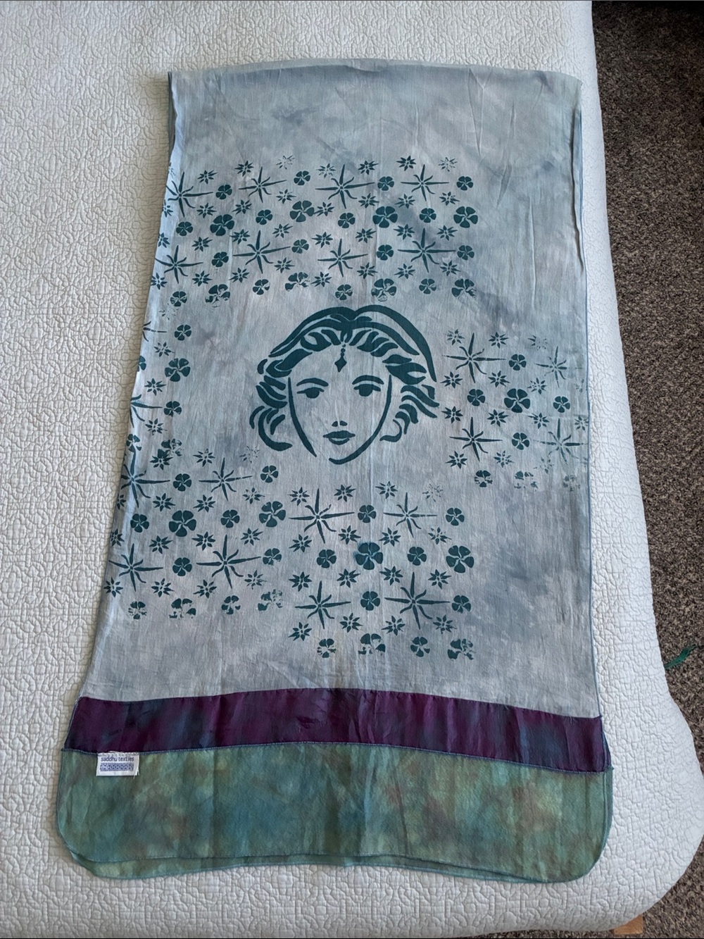 Saddhu Import Floral Goddess Lightweight Scarf Wrap Teal Purple Silk Batik Trim
